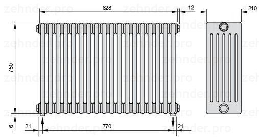 Схема (чертеж) Радиатор Zehnder Charleston 6075/18 №3570 Белый глянцевый RAL 9016